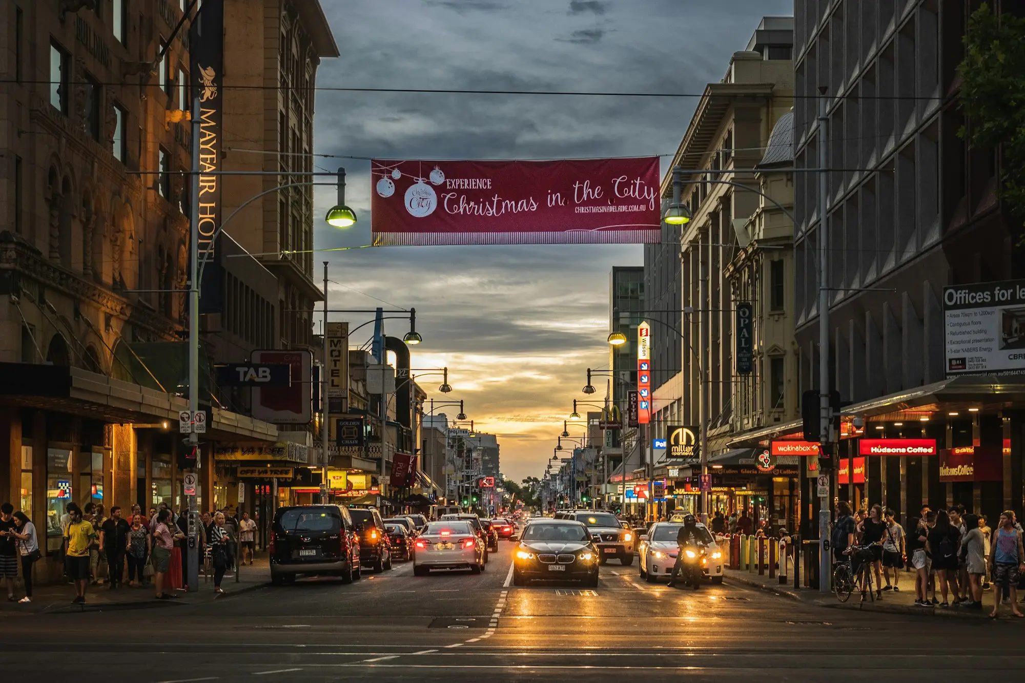 Rundle Mall shops in Adelaide at dusk