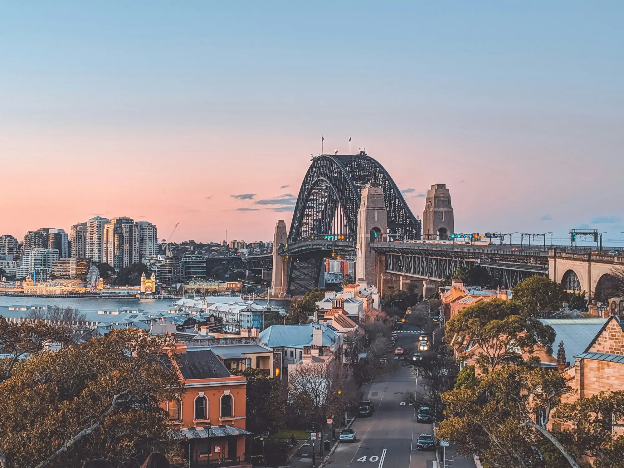 Sydney Harbour Bridge and city at sunrise